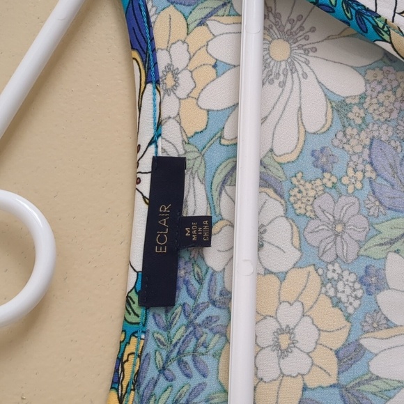 Medium Eclair Floral Flower Top Blue Purple Button Front Shirt - Picture 7 of 13